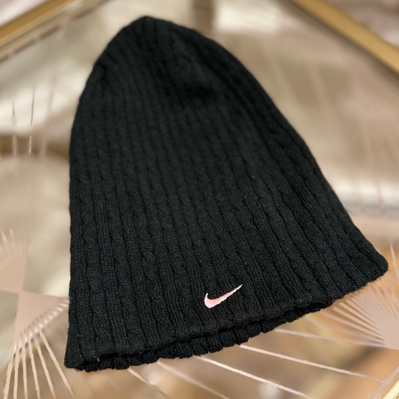 Nike Black Ribbed Beanie with Pink Swoosh - Picture 3 of 3